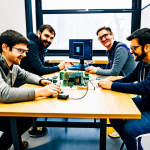 Open Source Hardware Community in Action**

"A diverse group of people collaborating around a table filled with circuit boards, Raspberry Pi's, and 3D printed components. Everyone is fully clothed in casual and professional attire. The setting is a brightly lit maker space with tools and equipment in the background. Safe for work, appropriate content, fully clothed, professional setting, perfect anatomy, correct proportions, well-formed hands, family-friendly, showing collaboration and innovation in open-source hardware development."

**