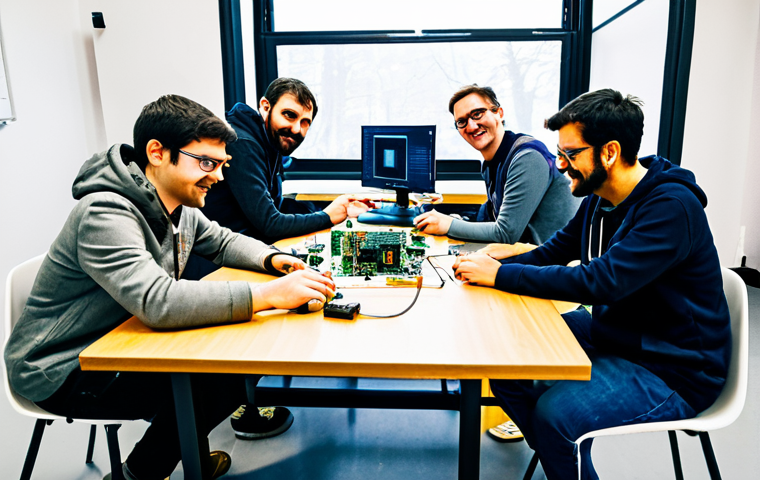 Open Source Hardware Community in Action**
"A diverse group of people collaborating around a table filled with circuit boards, Raspberry Pi's, and 3D printed components. Everyone is fully clothed in casual and professional attire. The setting is a brightly lit maker space with tools and equipment in the background. Safe for work, appropriate content, fully clothed, professional setting, perfect anatomy, correct proportions, well-formed hands, family-friendly, showing collaboration and innovation in open-source hardware development."
**