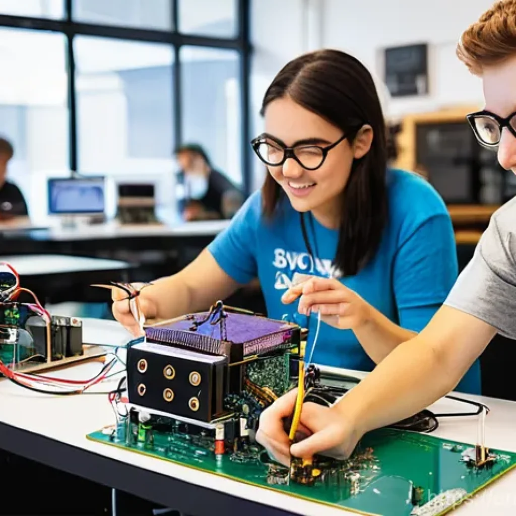 오픈소스 하드웨어 혁신이 가져온 변화 - **"The Maker's Hub: A Collaborative Innovation Space"**
    A vibrant, sunlit modern maker space bus...