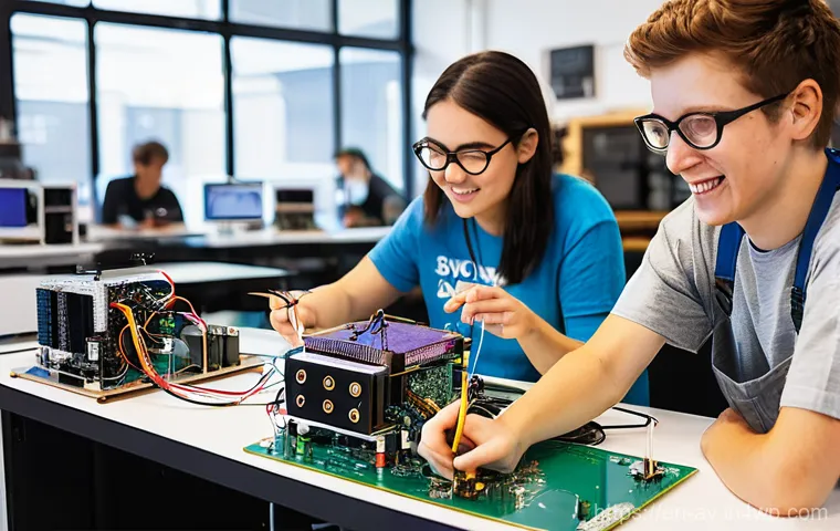 오픈소스 하드웨어 혁신이 가져온 변화 - **"The Maker's Hub: A Collaborative Innovation Space"**
    A vibrant, sunlit modern maker space bus...