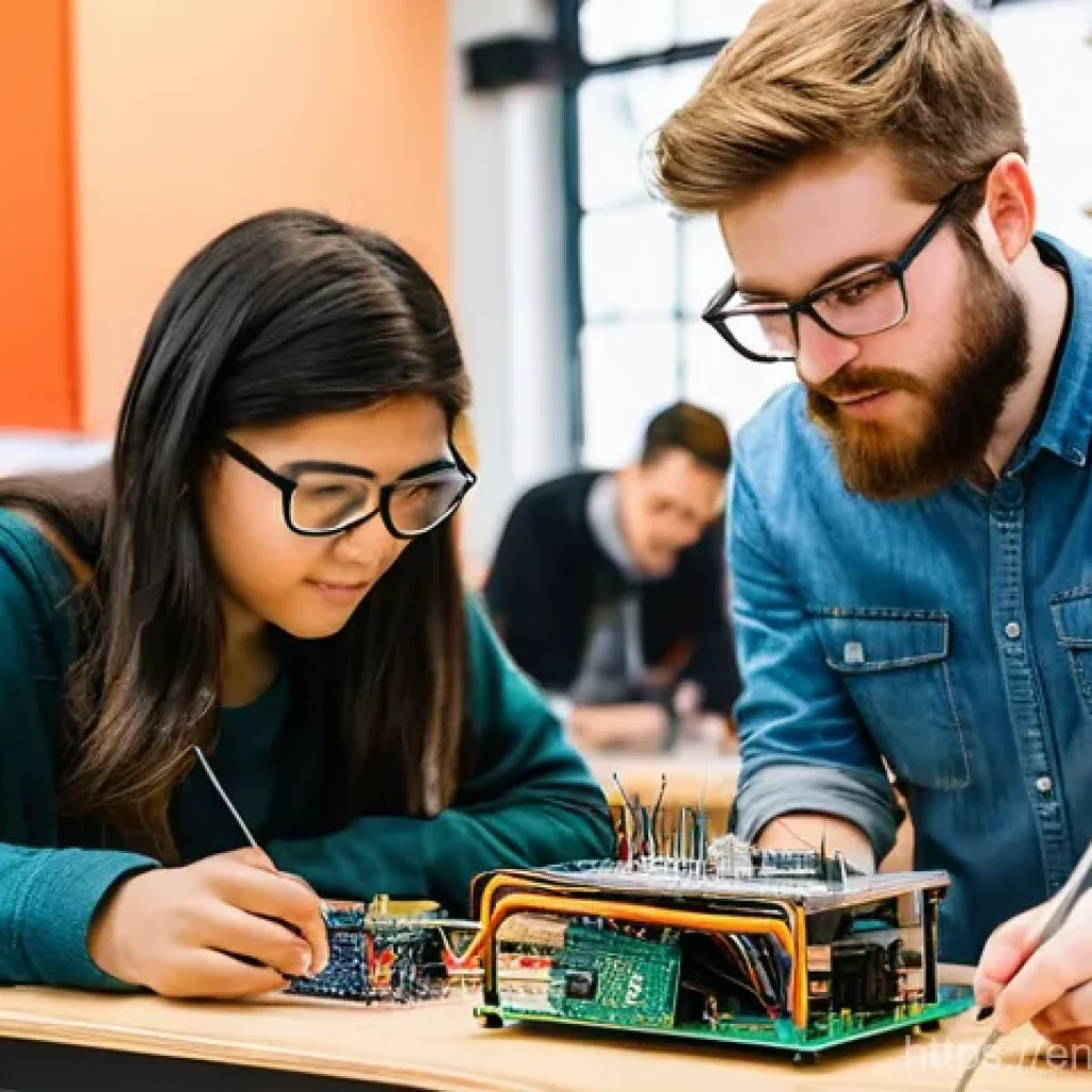 오픈소스 하드웨어의 사회적 영향 - **Prompt:** A vibrant, bustling modern maker space filled with a diverse group of young adults and a...