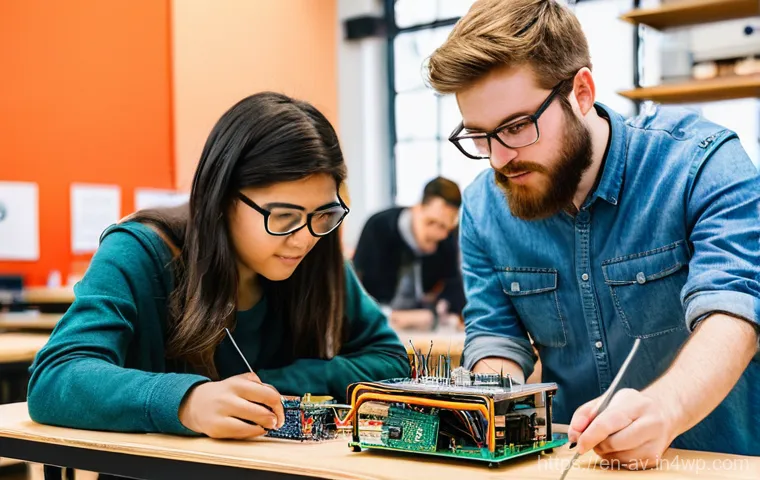 오픈소스 하드웨어의 사회적 영향 - **Prompt:** A vibrant, bustling modern maker space filled with a diverse group of young adults and a...