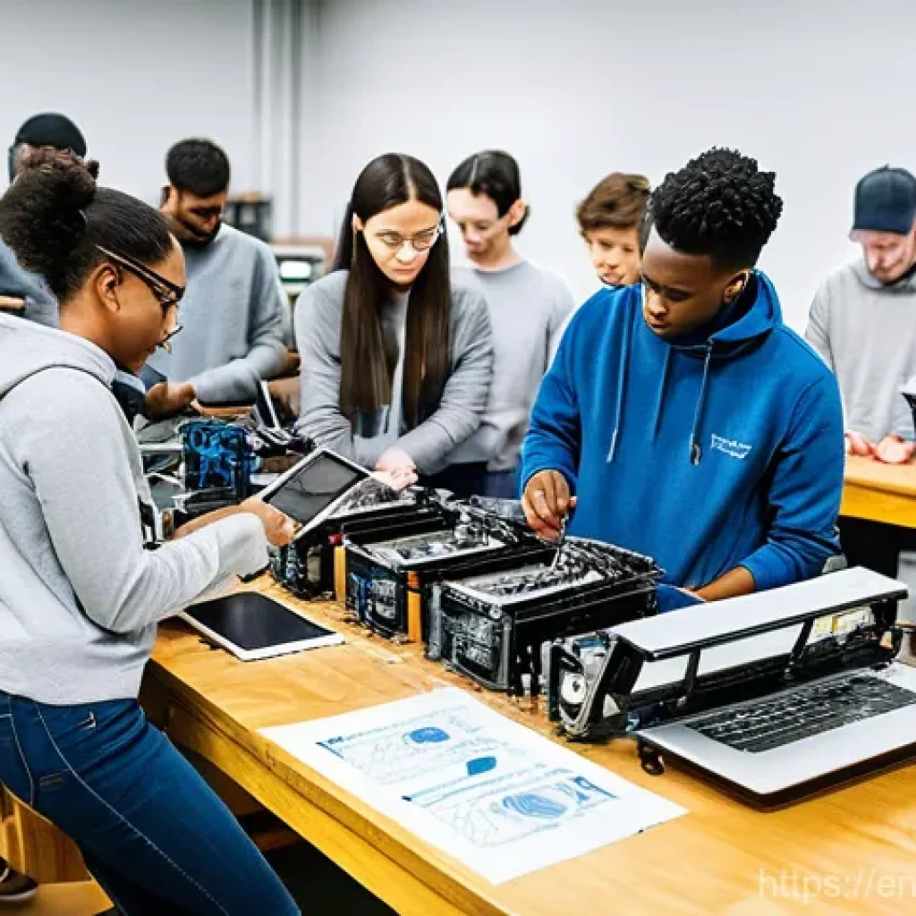 오픈소스 하드웨어를 활용한 농업 혁신 - **Prompt:** A diverse and energetic group of young men and women, including agricultural students, s...