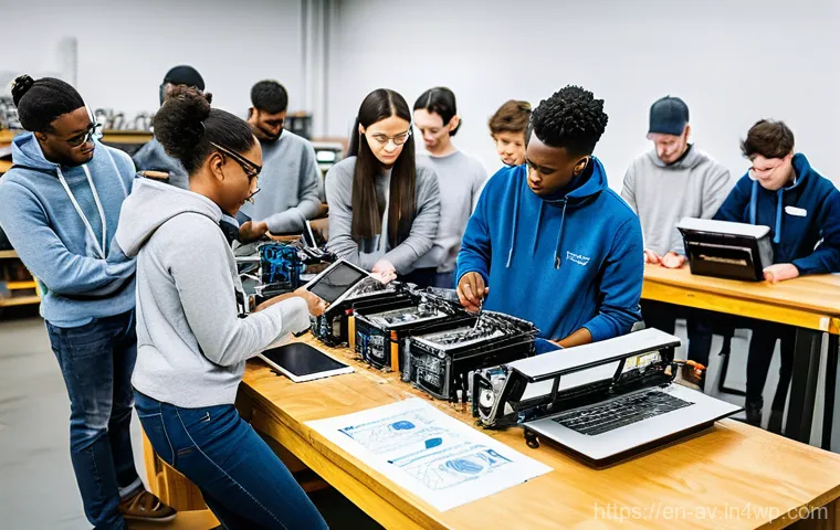 오픈소스 하드웨어를 활용한 농업 혁신 - **Prompt:** A diverse and energetic group of young men and women, including agricultural students, s...