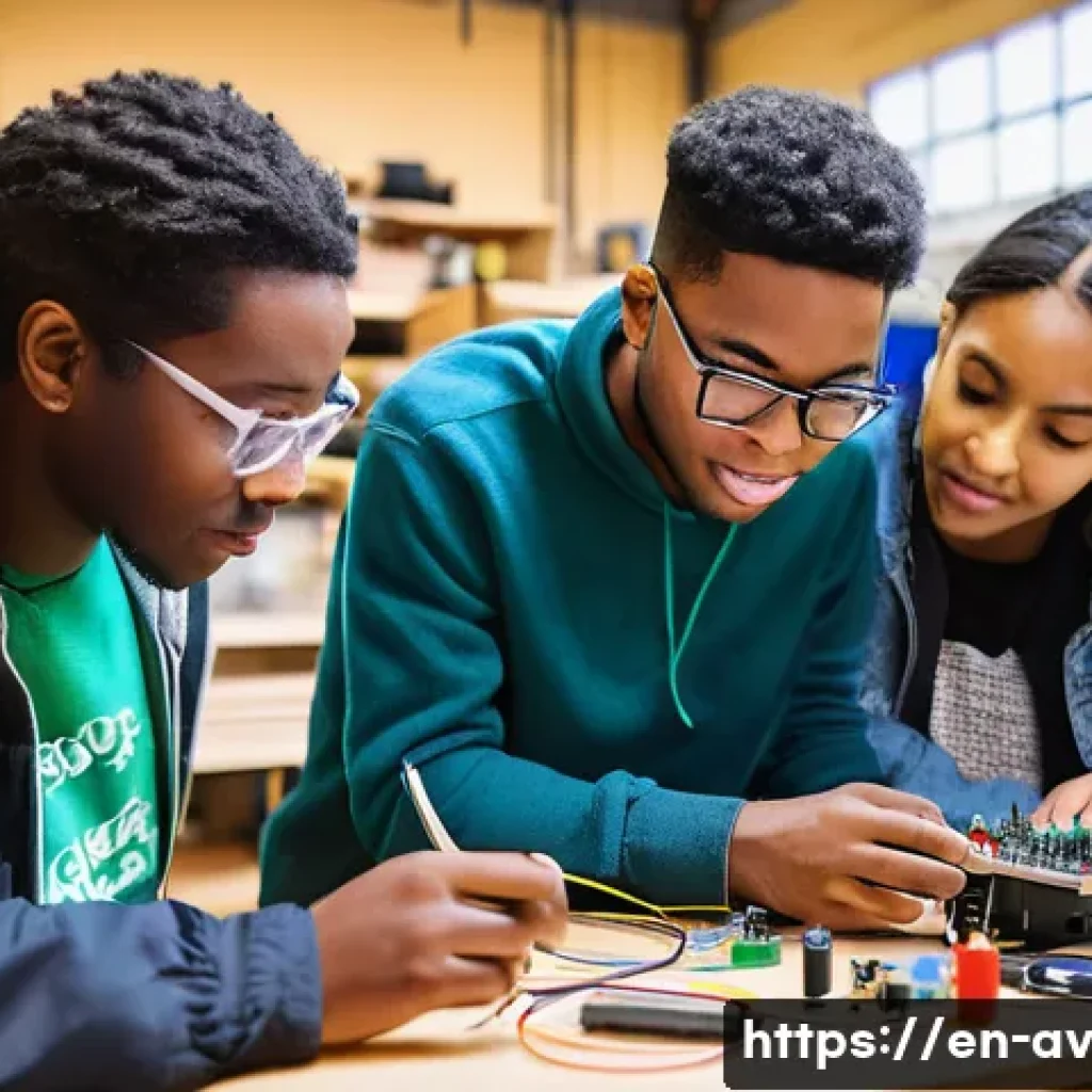 오픈소스 하드웨어를 활용한 사회적 프로젝트 - **Prompt:** "A group of diverse young adults are gathered around a workbench in a brightly lit commu...
