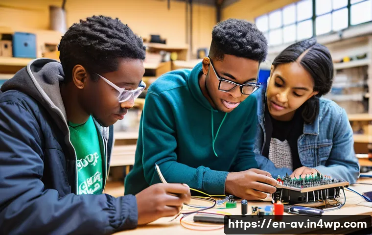 오픈소스 하드웨어를 활용한 사회적 프로젝트 - **Prompt:** "A group of diverse young adults are gathered around a workbench in a brightly lit commu...