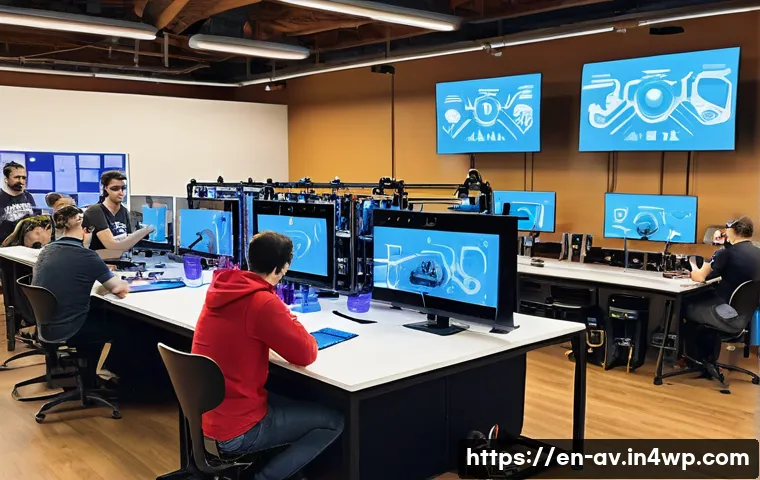 오픈소스 하드웨어와 3D 프린팅의 융합 - A bright, modern makerspace filled with diverse individuals of various ages collaboratively working ...