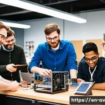 오픈소스 하드웨어와 데이터 보호 - A vibrant, modern maker’s workshop filled with diverse engineers and hobbyists collaborating on open...