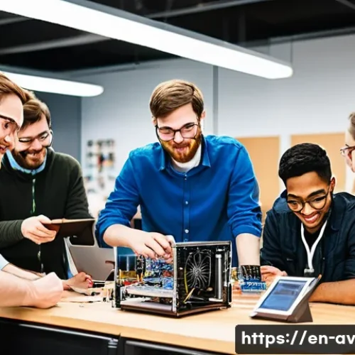 오픈소스 하드웨어와 데이터 보호 - A vibrant, modern maker’s workshop filled with diverse engineers and hobbyists collaborating on open...