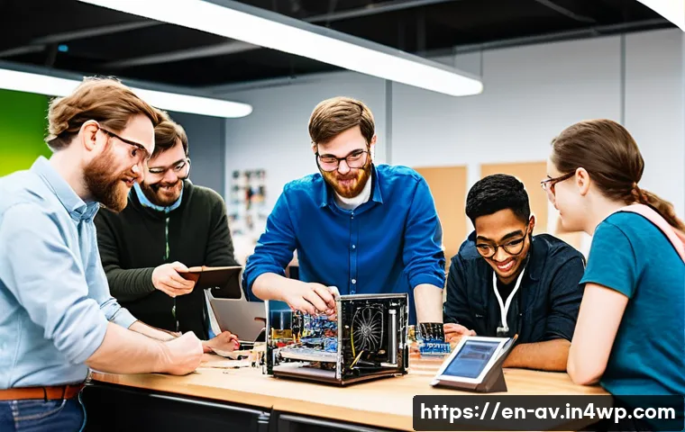 오픈소스 하드웨어와 데이터 보호 - A vibrant, modern maker’s workshop filled with diverse engineers and hobbyists collaborating on open...