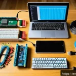 오픈소스 하드웨어 개발을 위한 자원 목록 - A vibrant maker’s workspace featuring a beginner-friendly open source hardware setup: an Arduino Uno...