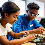 오픈소스 하드웨어와 인력 양성 - A vibrant makerspace scene showing diverse adults and teenagers collaborating on open source hardwar...