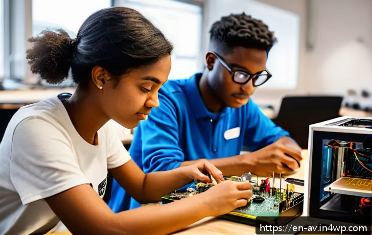 오픈소스 하드웨어와 인력 양성 - A vibrant makerspace scene showing diverse adults and teenagers collaborating on open source hardwar...