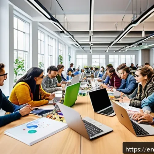 오픈소스 하드웨어와 협업 툴 활용하기 - A vibrant open workspace showing a diverse team of designers, engineers, and marketers collaborative...