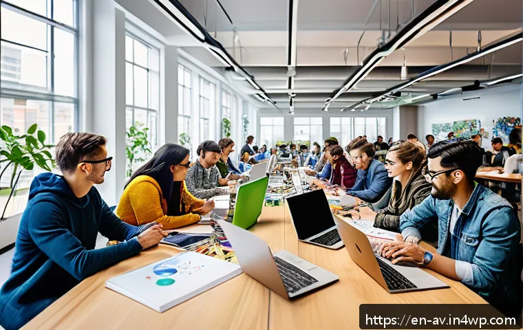 오픈소스 하드웨어와 협업 툴 활용하기 - A vibrant open workspace showing a diverse team of designers, engineers, and marketers collaborative...